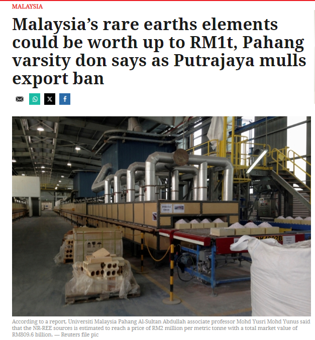 "Malaysia’s rare earths elements could be worth up to RM1t, Pahang varsity don says as Putrajaya mulls export ban"